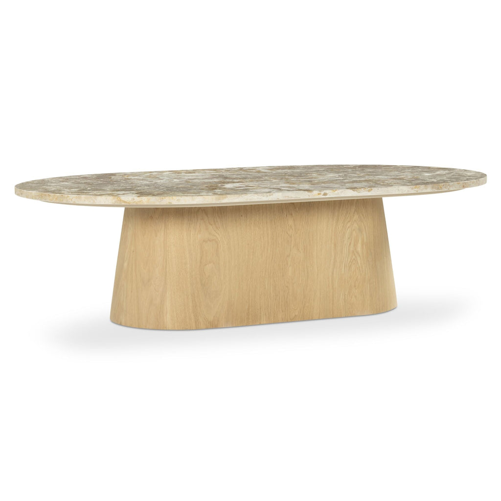 Table basse contemporaine en marbre et chêne avec plateau ovale en forme de capsule et pied évasé pour le salon
