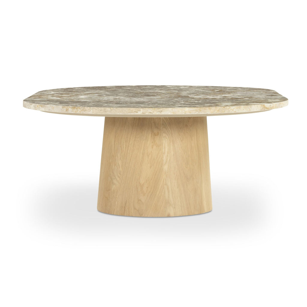 Table basse contemporaine en marbre et chêne avec plateau ovale en forme de capsule et pied évasé pour le salon