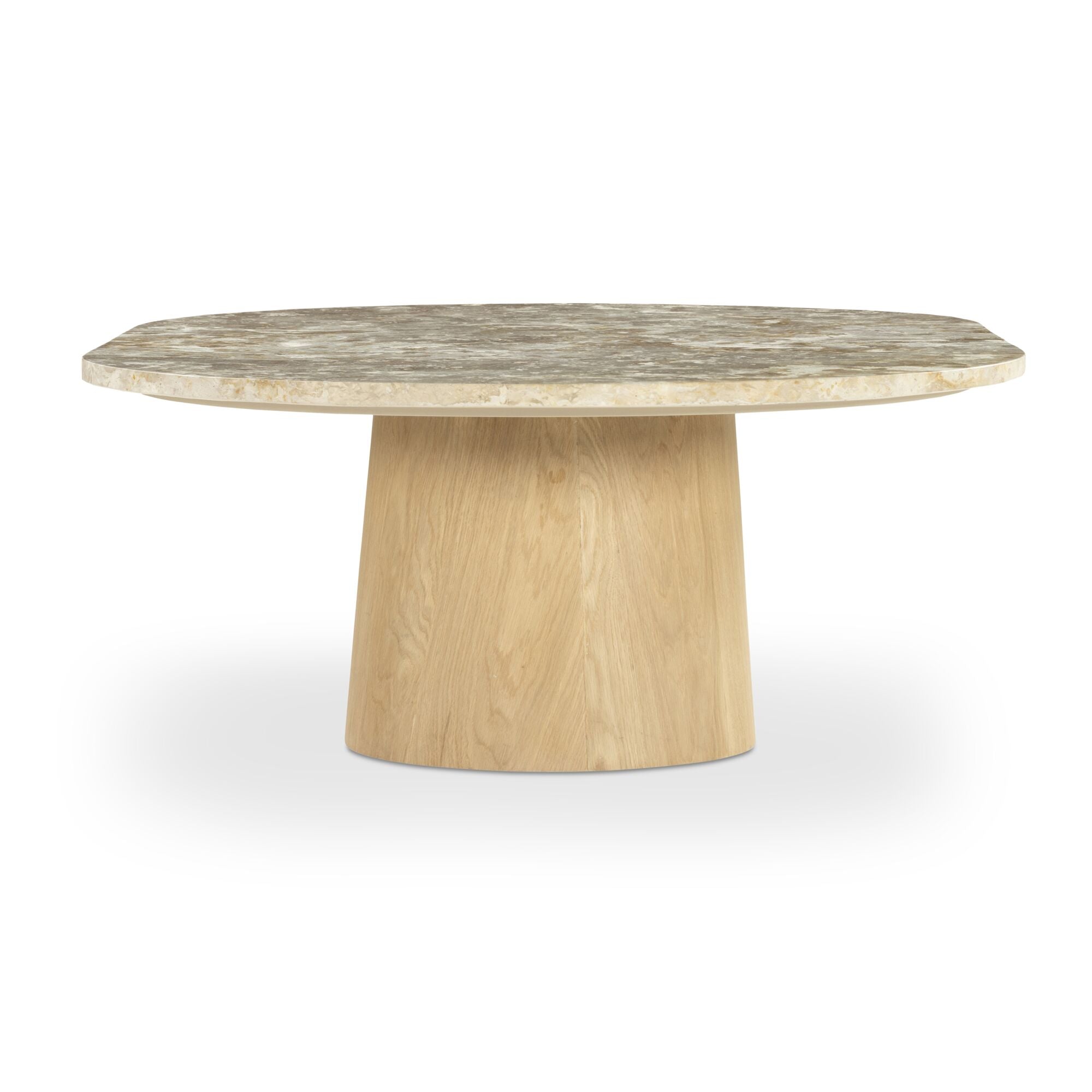 Table basse contemporaine en marbre et chêne avec plateau ovale en forme de capsule et pied évasé pour le salon