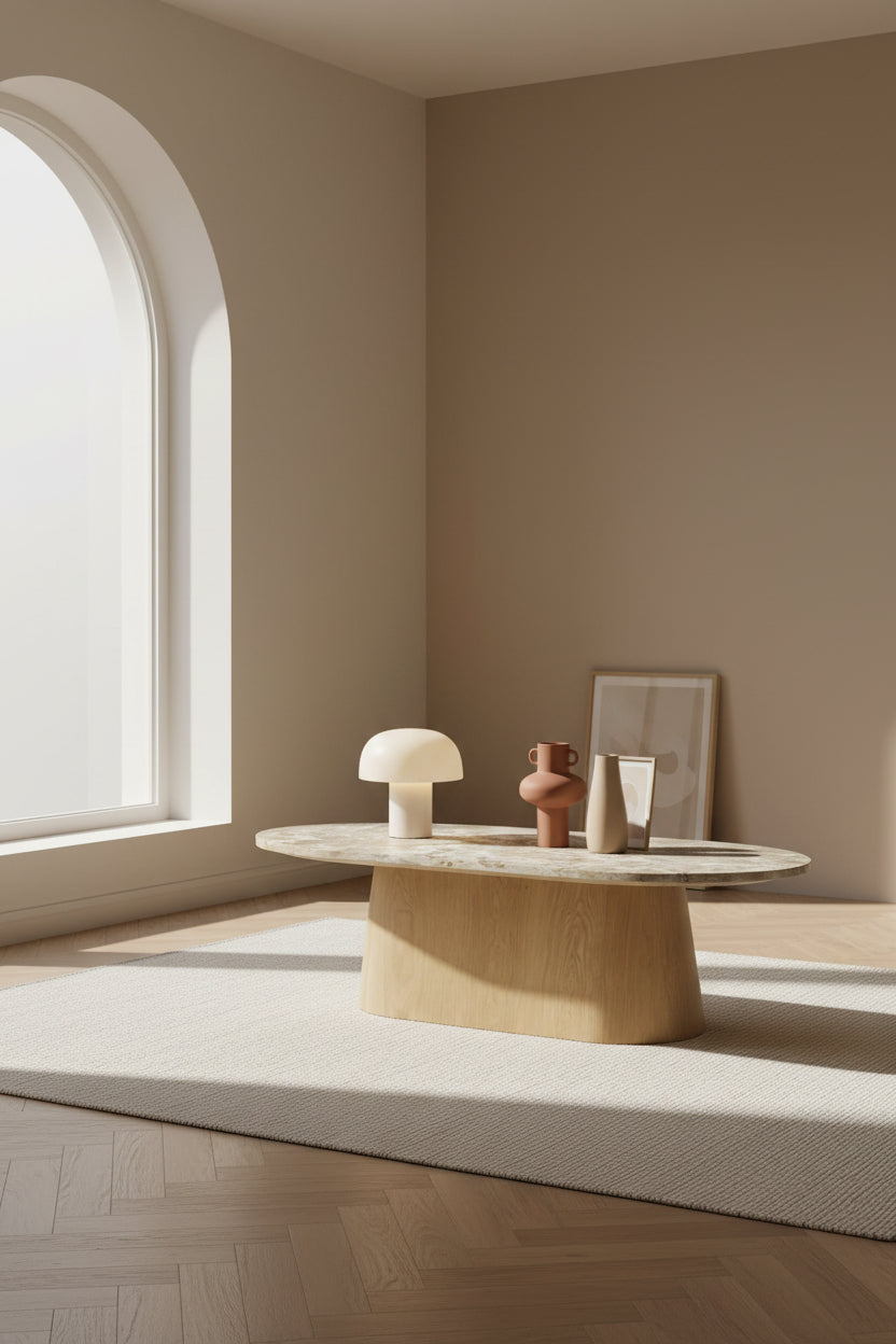 Table basse contemporaine en marbre et chêne avec plateau ovale en forme de capsule et pied évasé pour le salon