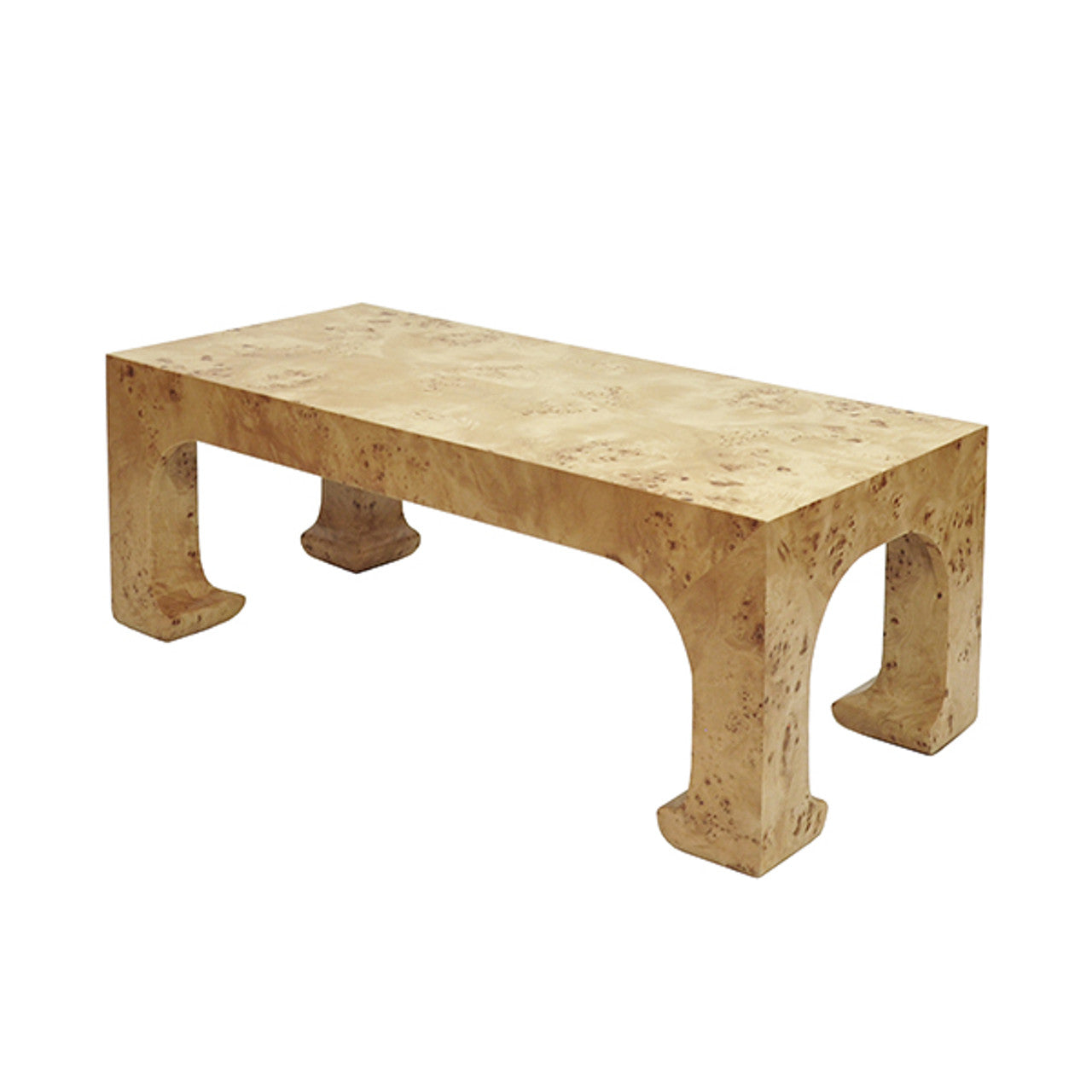 Table basse traditionnelle en loupe avec silhouette pagode rectangulaire et piètement à pieds évasés pour salon