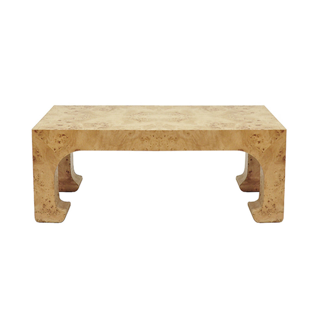 Table basse traditionnelle en loupe avec silhouette pagode rectangulaire et piètement à pieds évasés pour salon