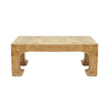 Table basse traditionnelle en loupe avec silhouette pagode rectangulaire et piètement à pieds évasés pour salon