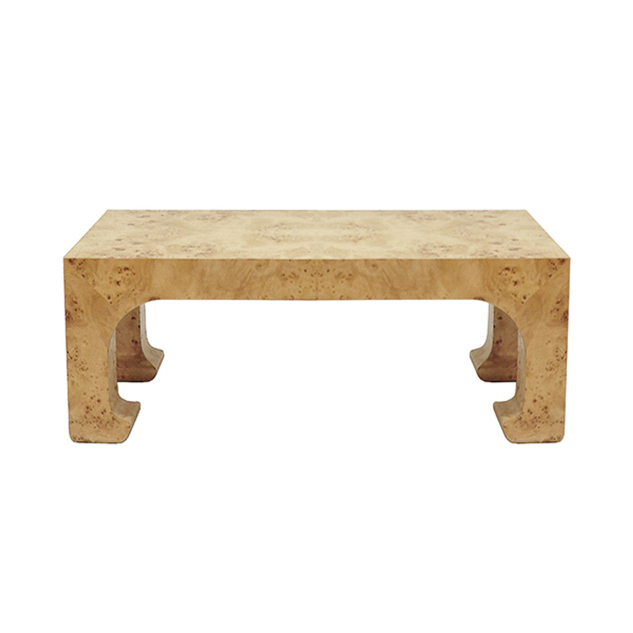 Table basse traditionnelle en loupe avec silhouette pagode rectangulaire et piètement à pieds évasés pour salon