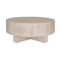 Table basse scandinave en chêne cérusé avec plateau rond épais et piètement en croix pour le salon