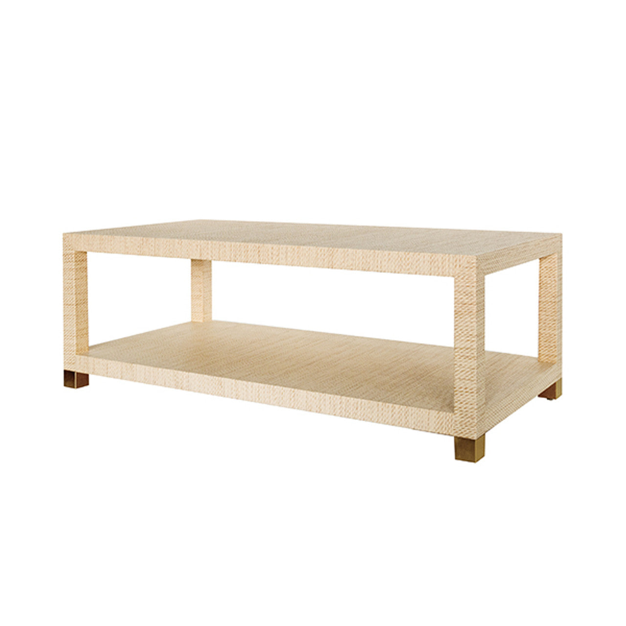 Table basse transitionnelle en herbe tissée et métal avec embouts en laiton antique pour salon