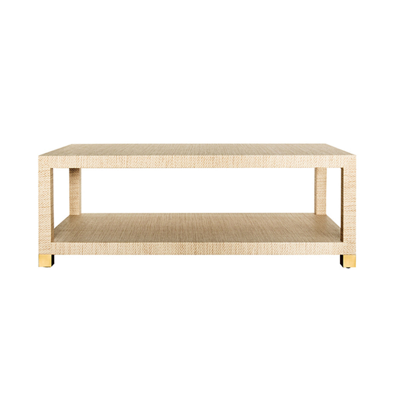 Table basse transitionnelle en herbe tissée et métal avec embouts en laiton antique pour salon