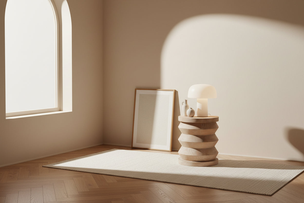Table d'appoint rustique en pin recyclé et pierre, avec plateau rond et piètement en métal vieilli, pour salon