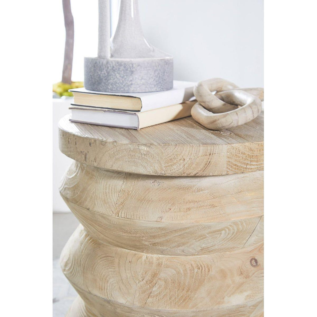 Table d'appoint rustique en pin recyclé et pierre, avec plateau rond et piètement en métal vieilli, pour salon