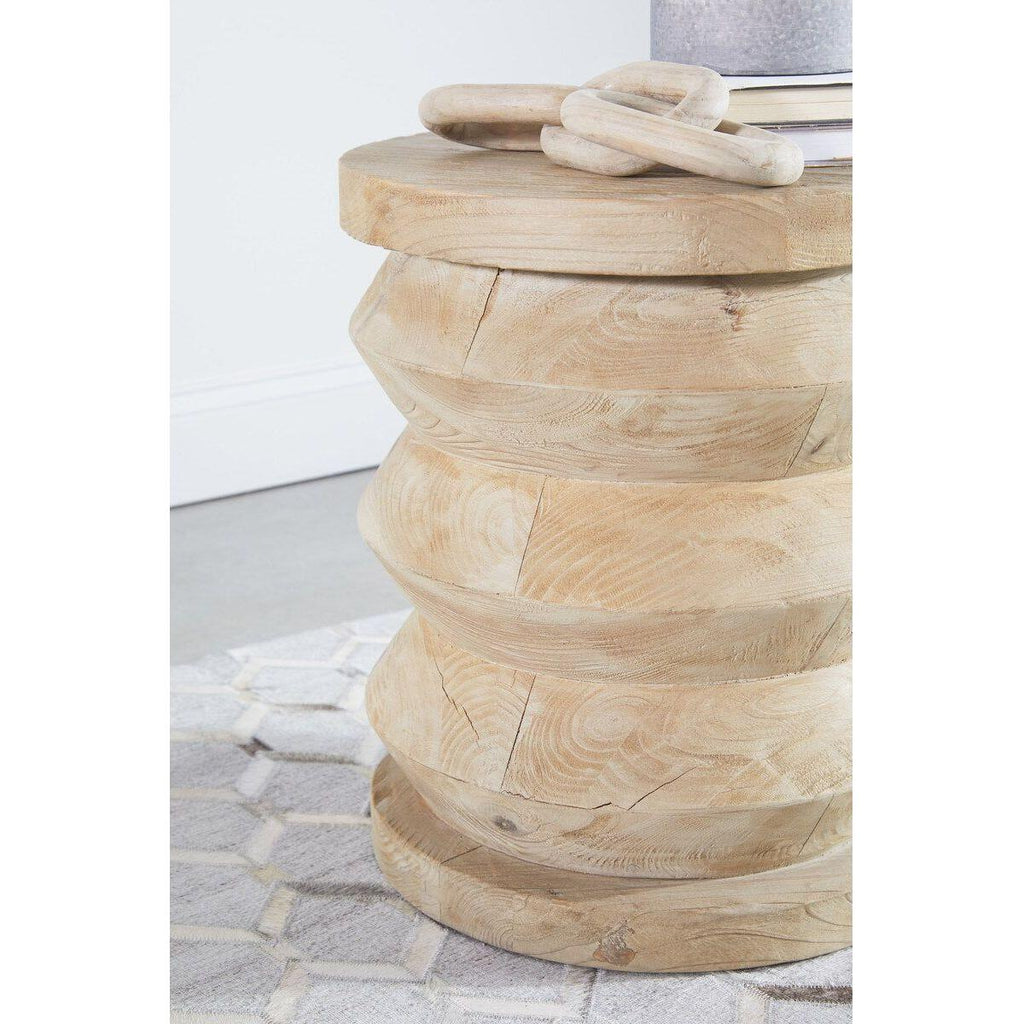 Table d'appoint rustique en pin recyclé et pierre, avec plateau rond et piètement en métal vieilli, pour salon