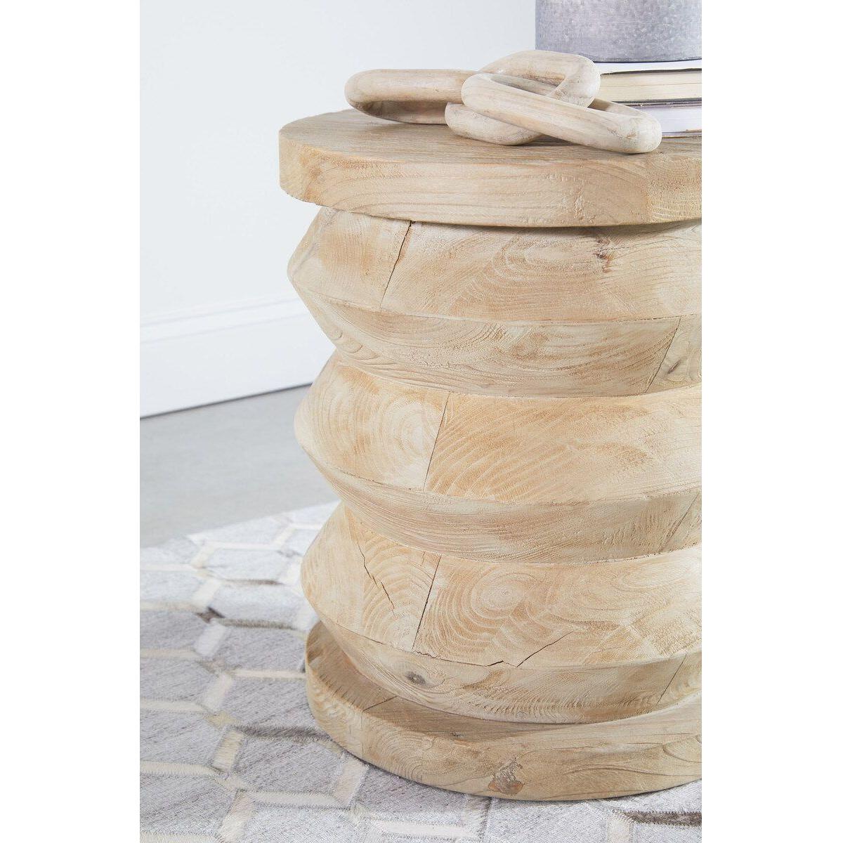 Table d'appoint rustique en pin recyclé et pierre, avec plateau rond et piètement en métal vieilli, pour salon