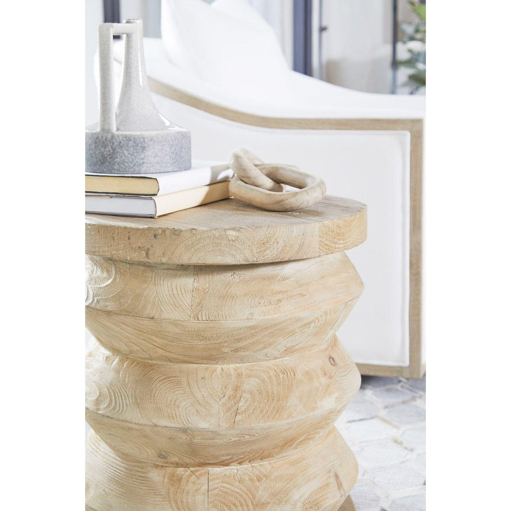 Table d'appoint rustique en pin recyclé et pierre, avec plateau rond et piètement en métal vieilli, pour salon