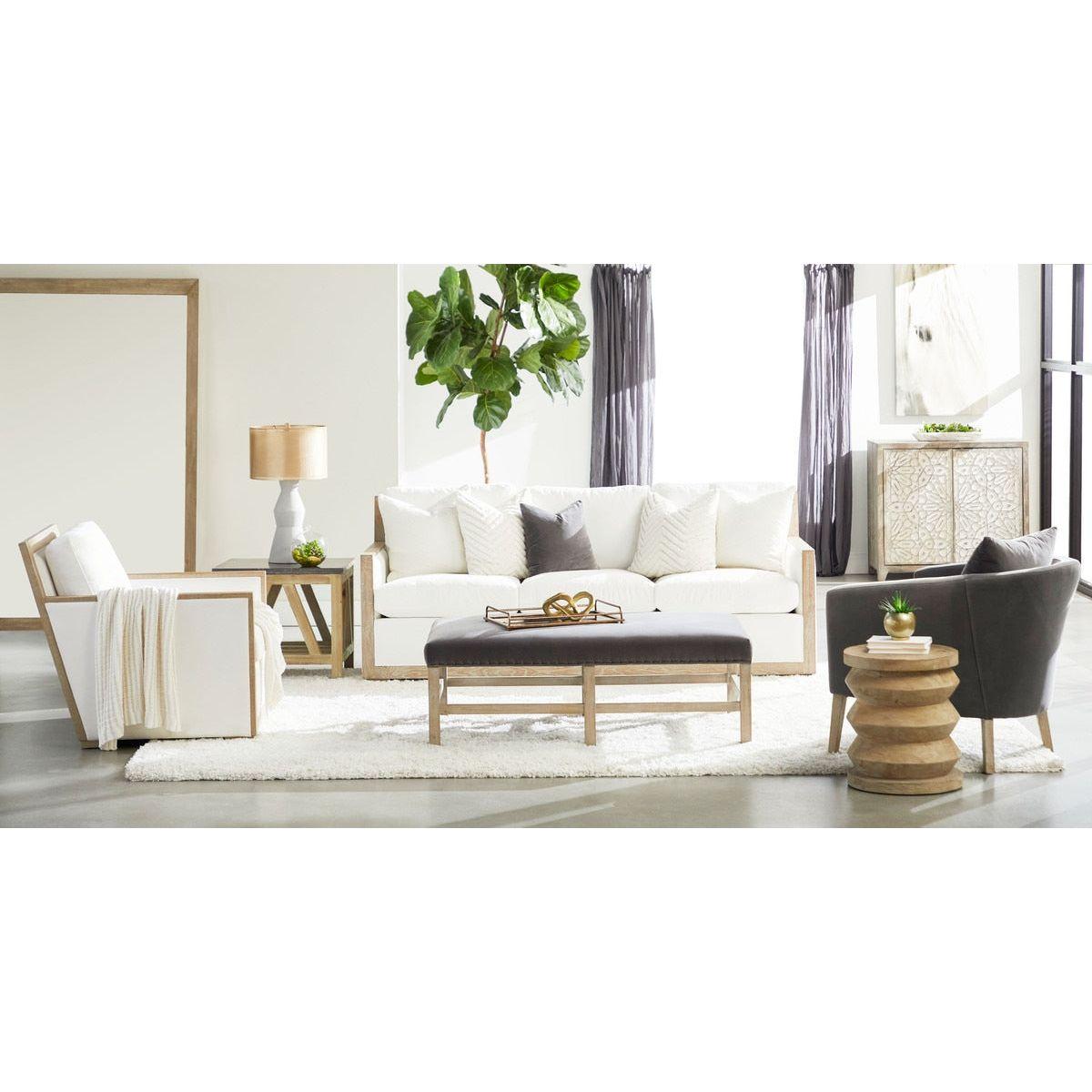 Table d'appoint rustique en pin recyclé et pierre, avec plateau rond et piètement en métal vieilli, pour salon