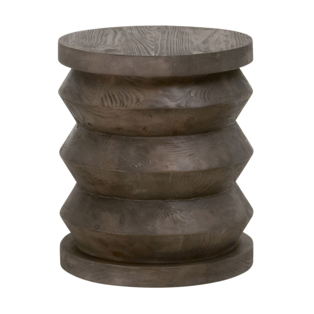 Table d'appoint rustique en pin recyclé et pierre, avec plateau rond et piètement en métal vieilli, pour salon