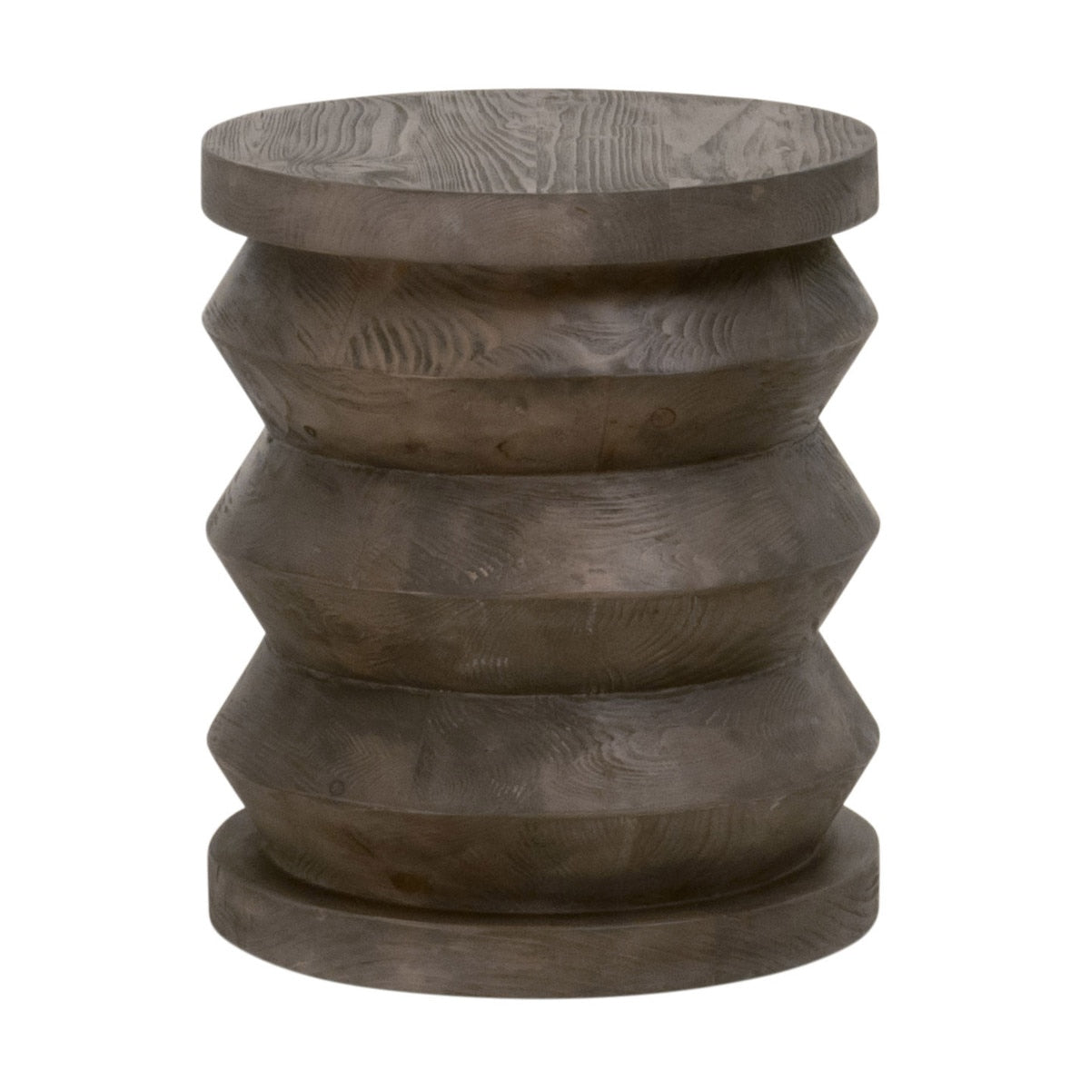 Table d'appoint rustique en pin recyclé et pierre, avec plateau rond et piètement en métal vieilli, pour salon