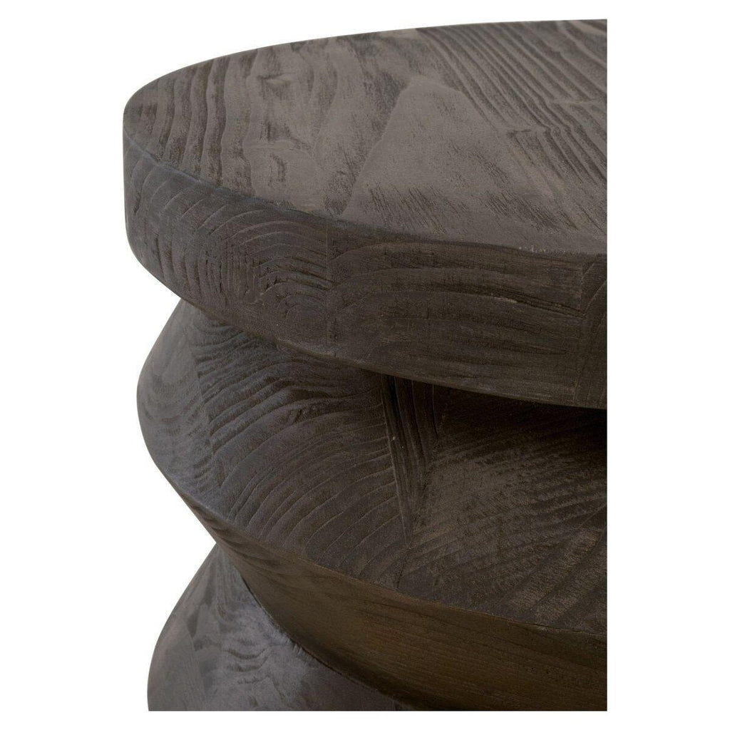 Table d'appoint rustique en pin recyclé et pierre, avec plateau rond et piètement en métal vieilli, pour salon