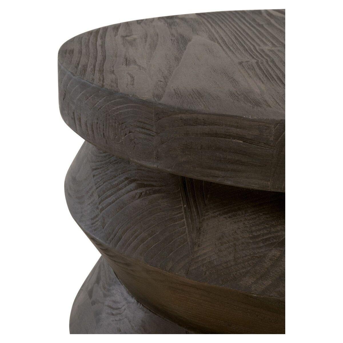 Table d'appoint rustique en pin recyclé et pierre, avec plateau rond et piètement en métal vieilli, pour salon