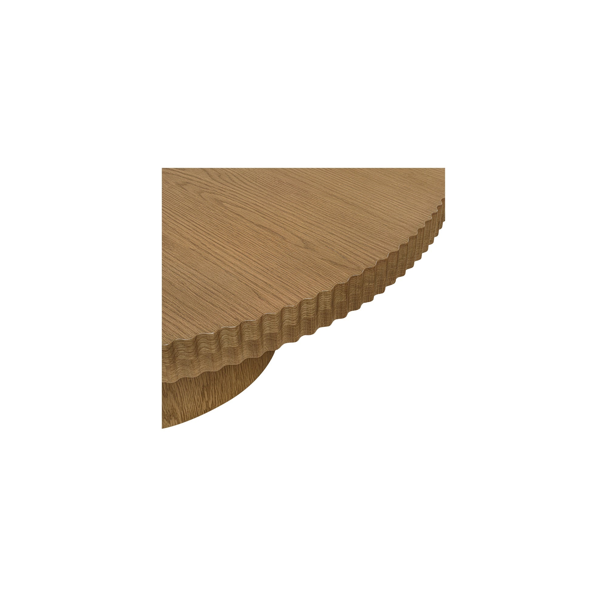Table basse sculpturale en placage de chêne avec plateau rond à bord festonné et base cylindrique empilée pour salon