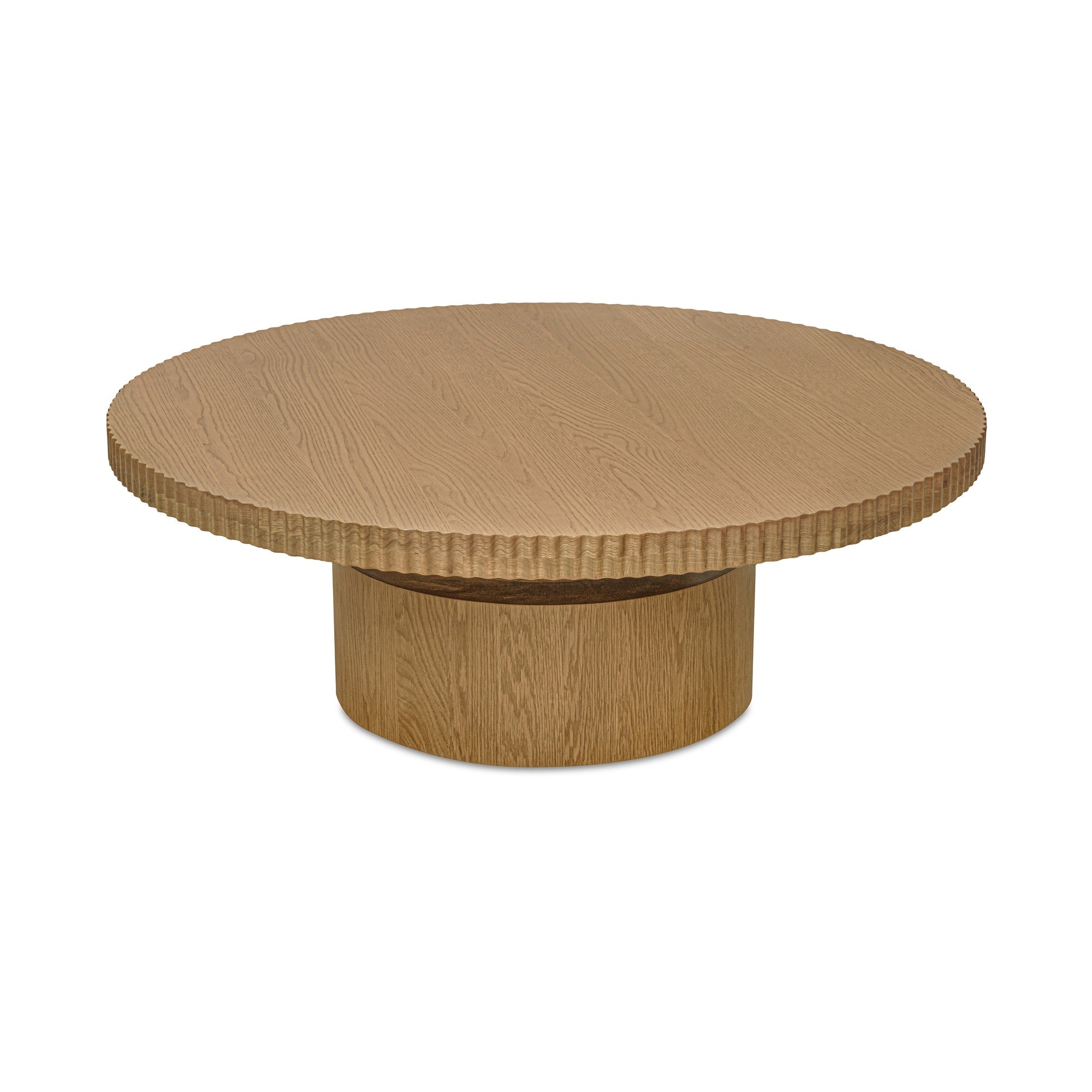 Table basse sculpturale en placage de chêne avec plateau rond à bord festonné et base cylindrique empilée pour salon