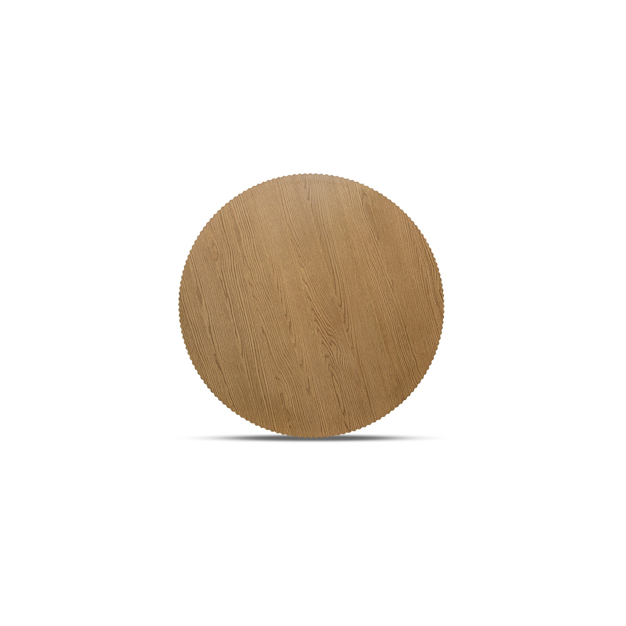Table basse sculpturale en placage de chêne avec plateau rond à bord festonné et base cylindrique empilée pour salon