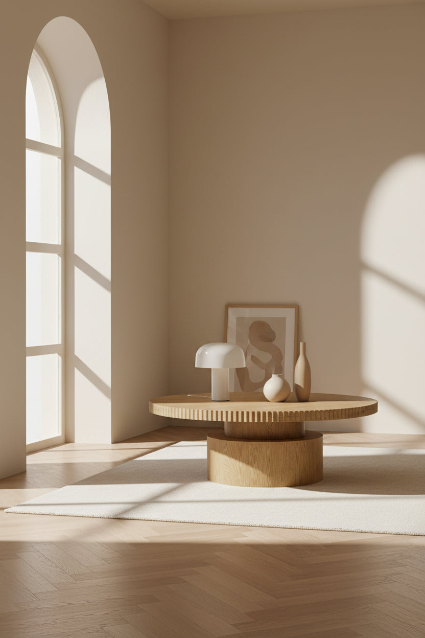 Table basse sculpturale en placage de chêne avec plateau rond à bord festonné et base cylindrique empilée pour salon