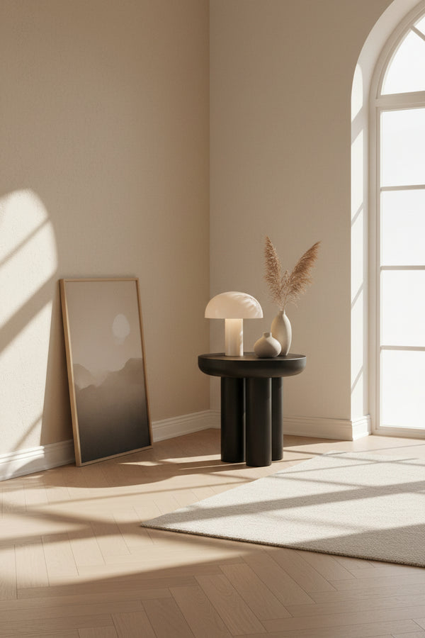 Table d'appoint d'extérieur en béton fibré et fer, avec plateau en dalle monolithique pour patio