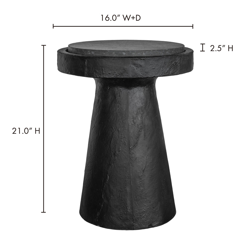 Table d'appoint industrielle en terrazzo et béton avec plateau rond moucheté et base sculptée pour salon