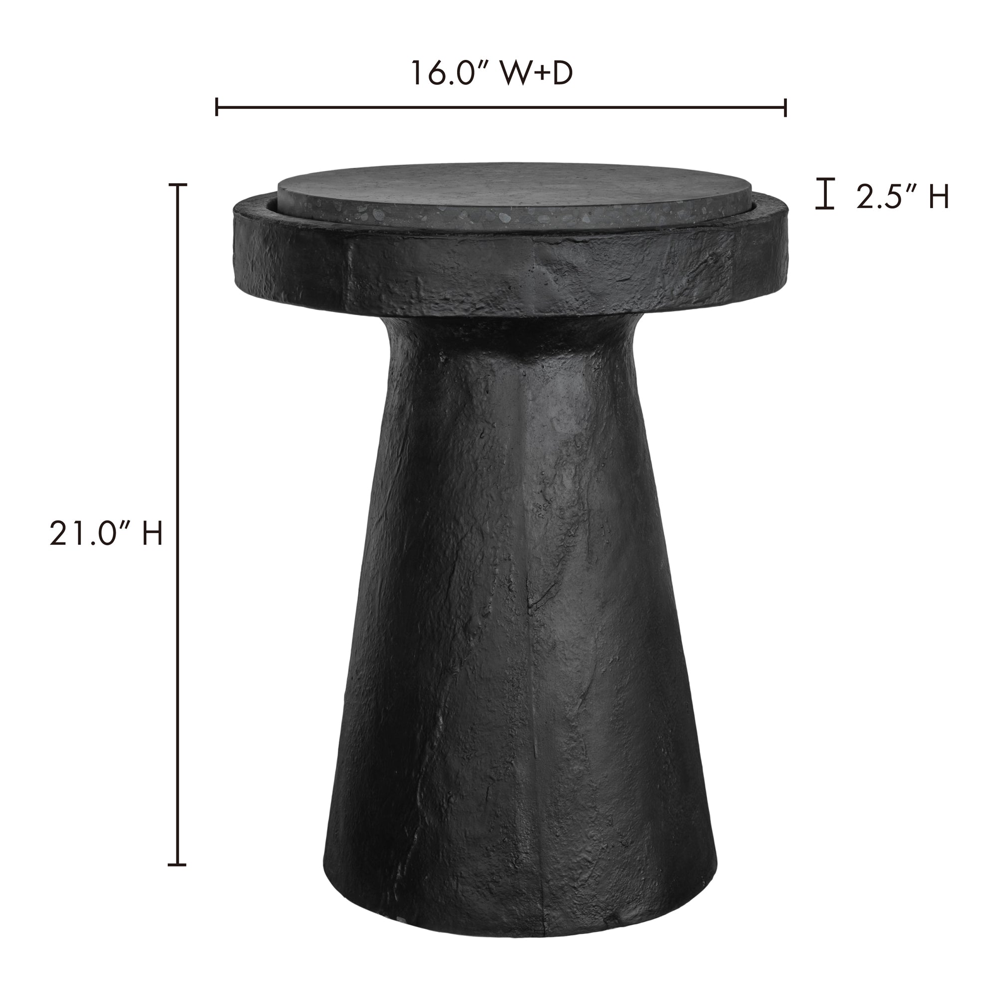 Table d'appoint industrielle en terrazzo et béton avec plateau rond moucheté et base sculptée pour salon