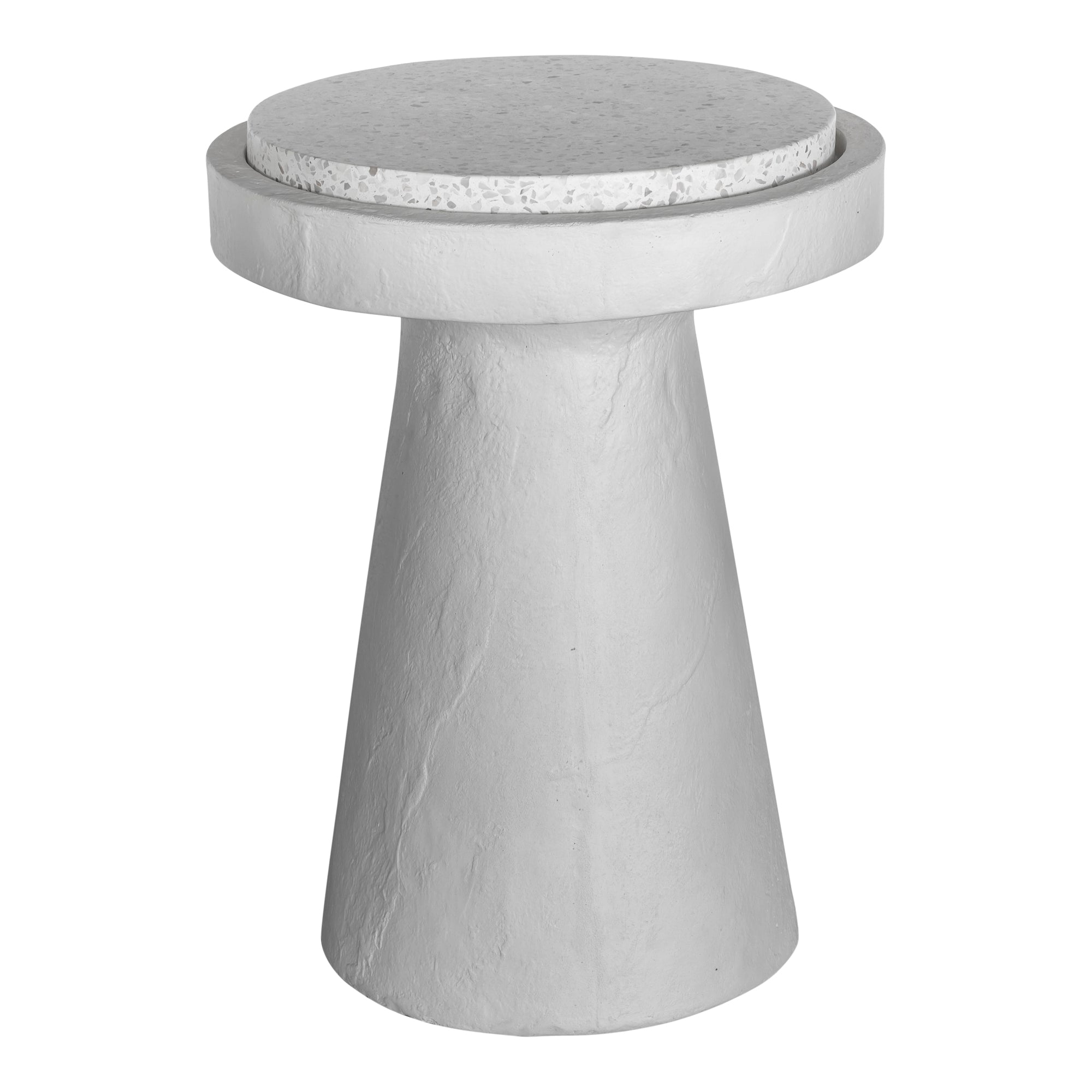Table d'appoint industrielle en terrazzo et béton avec plateau rond moucheté et base sculptée pour salon