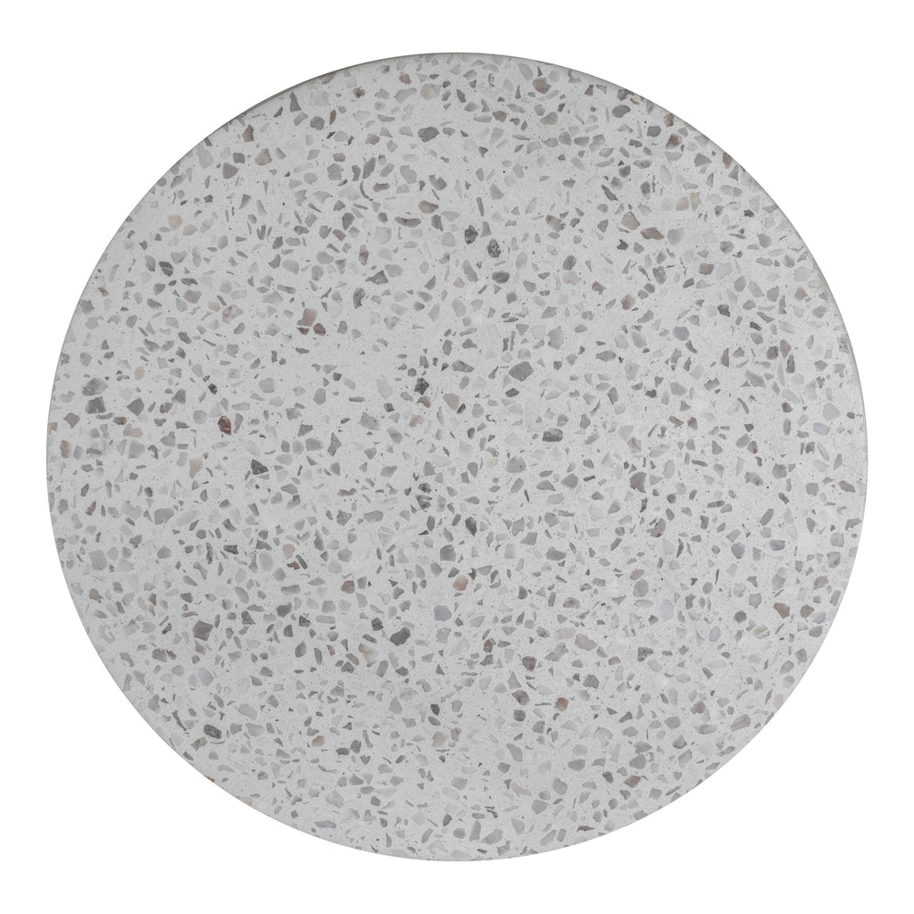 Table d'appoint industrielle en terrazzo et béton avec plateau rond moucheté et base sculptée pour salon