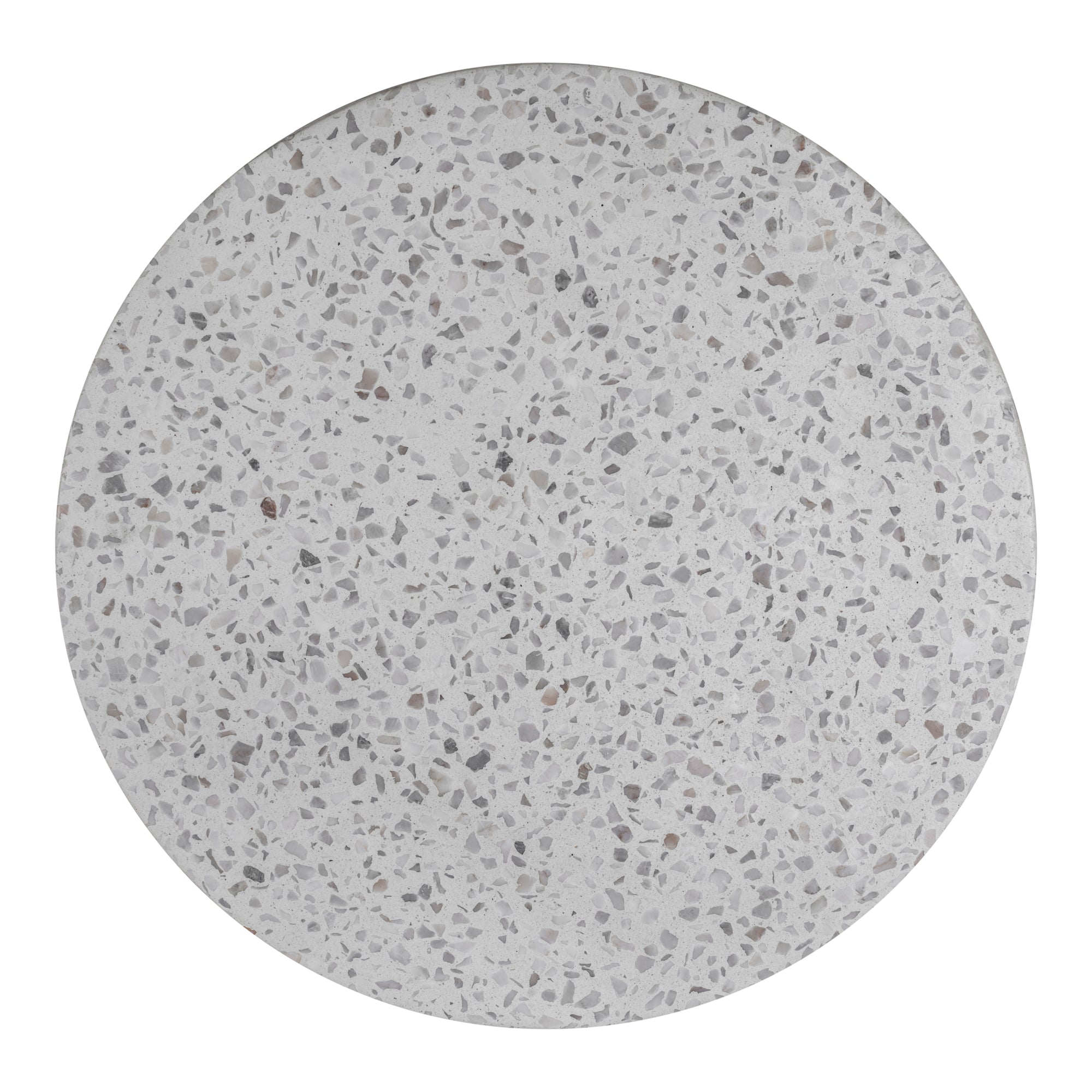 Table d'appoint industrielle en terrazzo et béton avec plateau rond moucheté et base sculptée pour salon