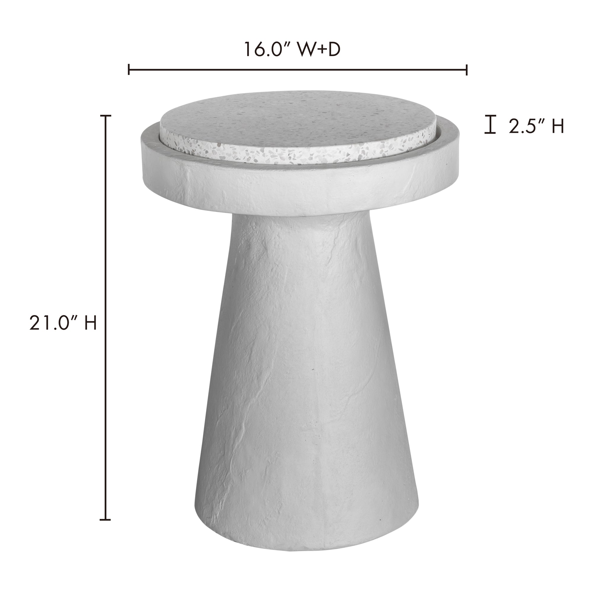 Table d'appoint industrielle en terrazzo et béton avec plateau rond moucheté et base sculptée pour salon