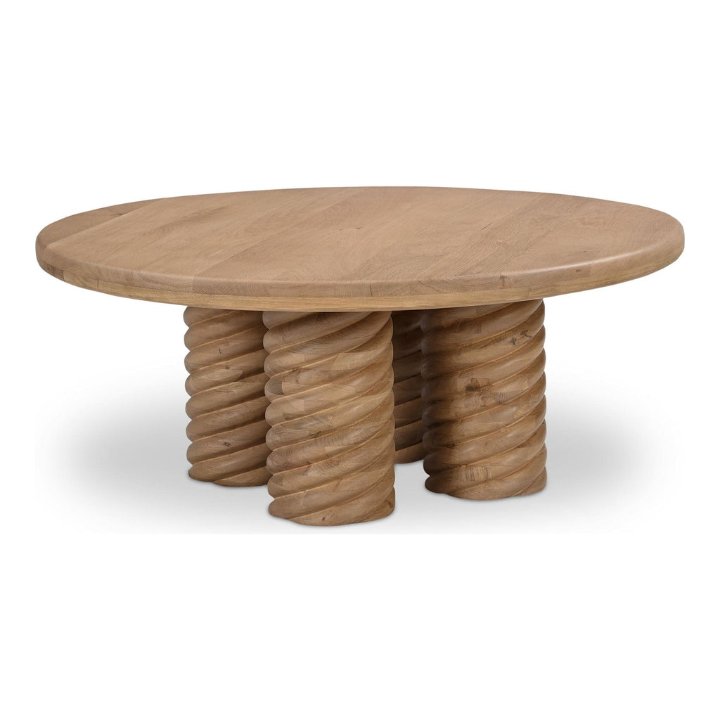 Table basse contemporaine en chêne massif avec plateau rond et pied central torsadé pour salon