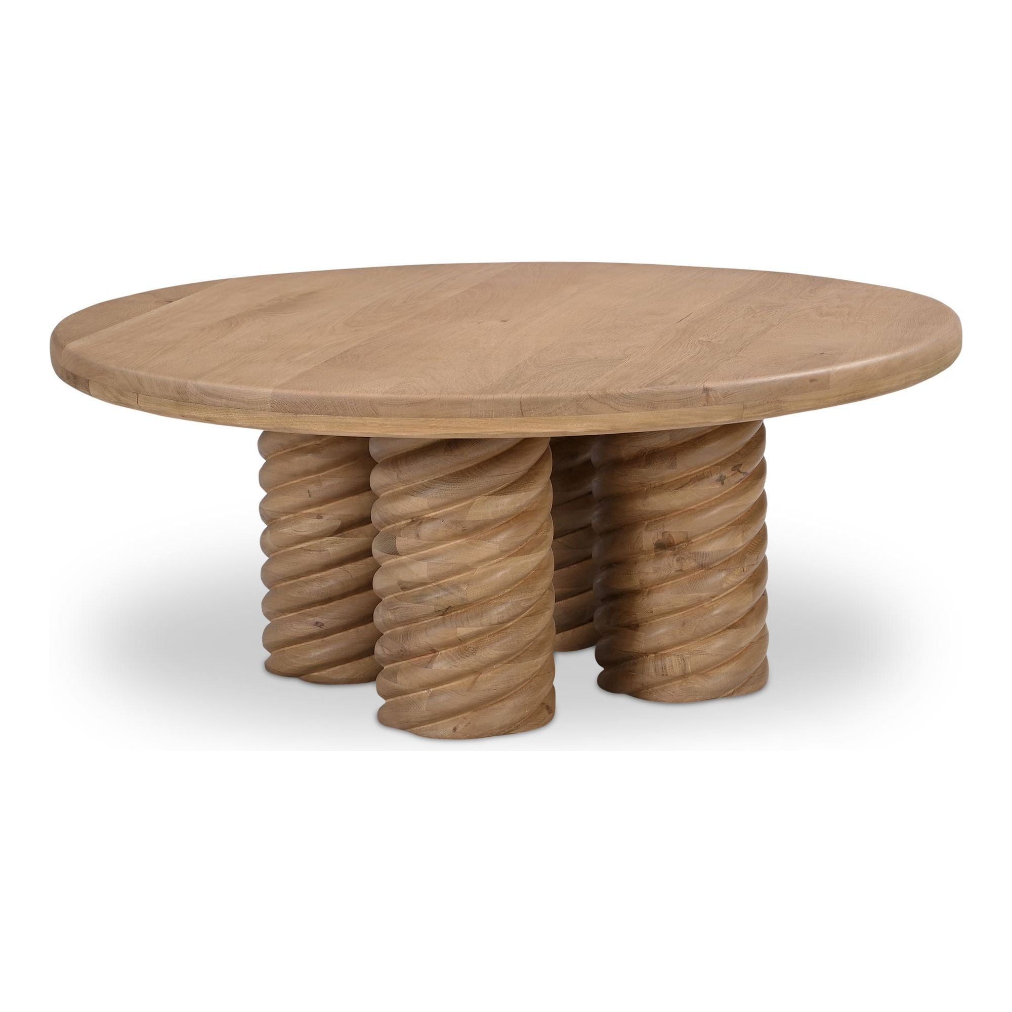 Table basse contemporaine en chêne massif avec plateau rond et pied central torsadé pour salon