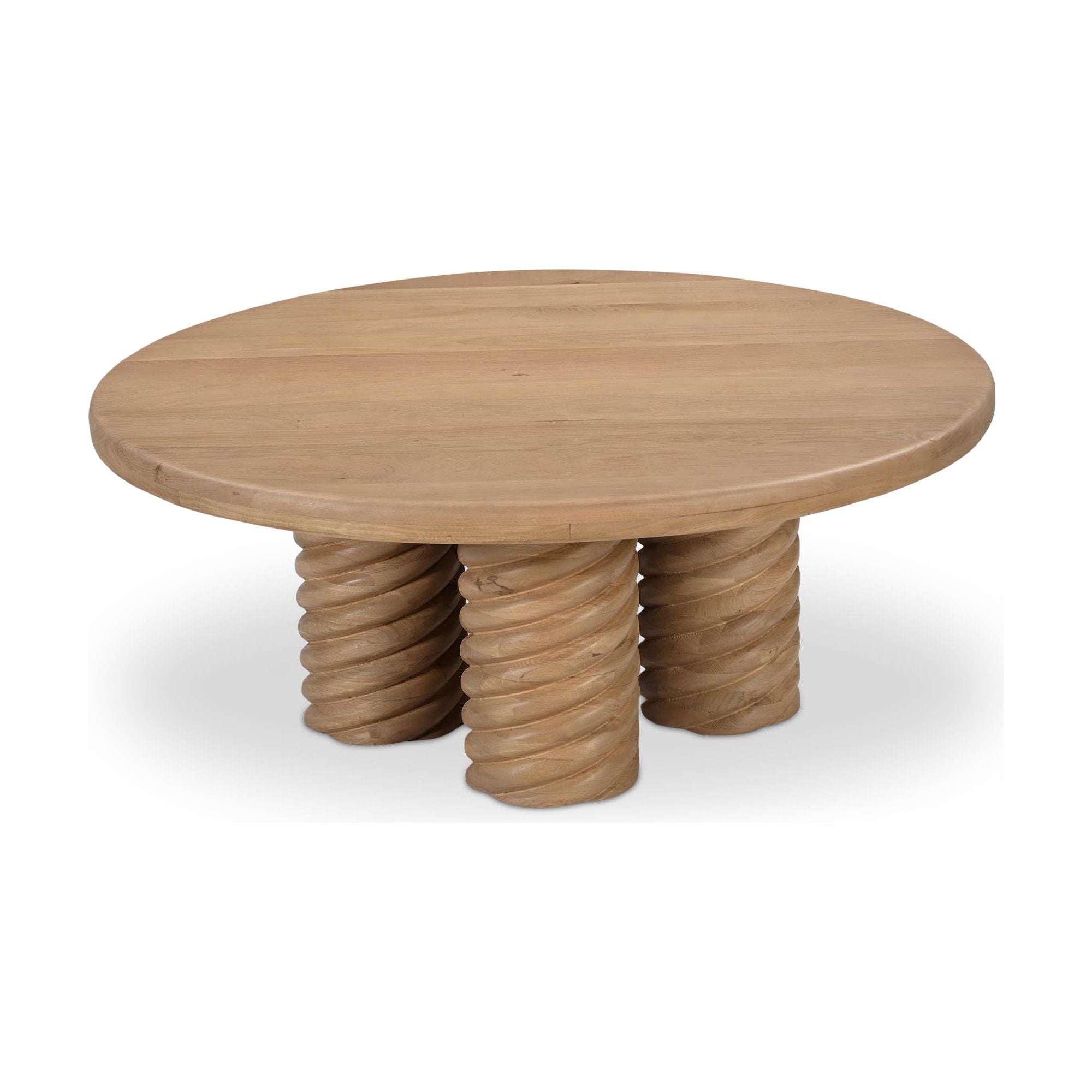 Table basse contemporaine en chêne massif avec plateau rond et pied central torsadé pour salon