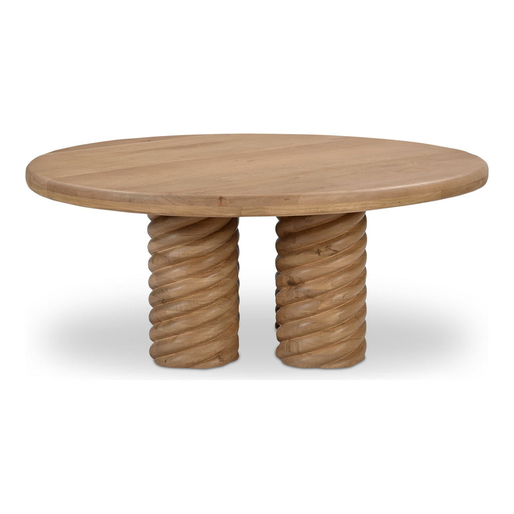 Table basse contemporaine en chêne massif avec plateau rond et pied central torsadé pour salon