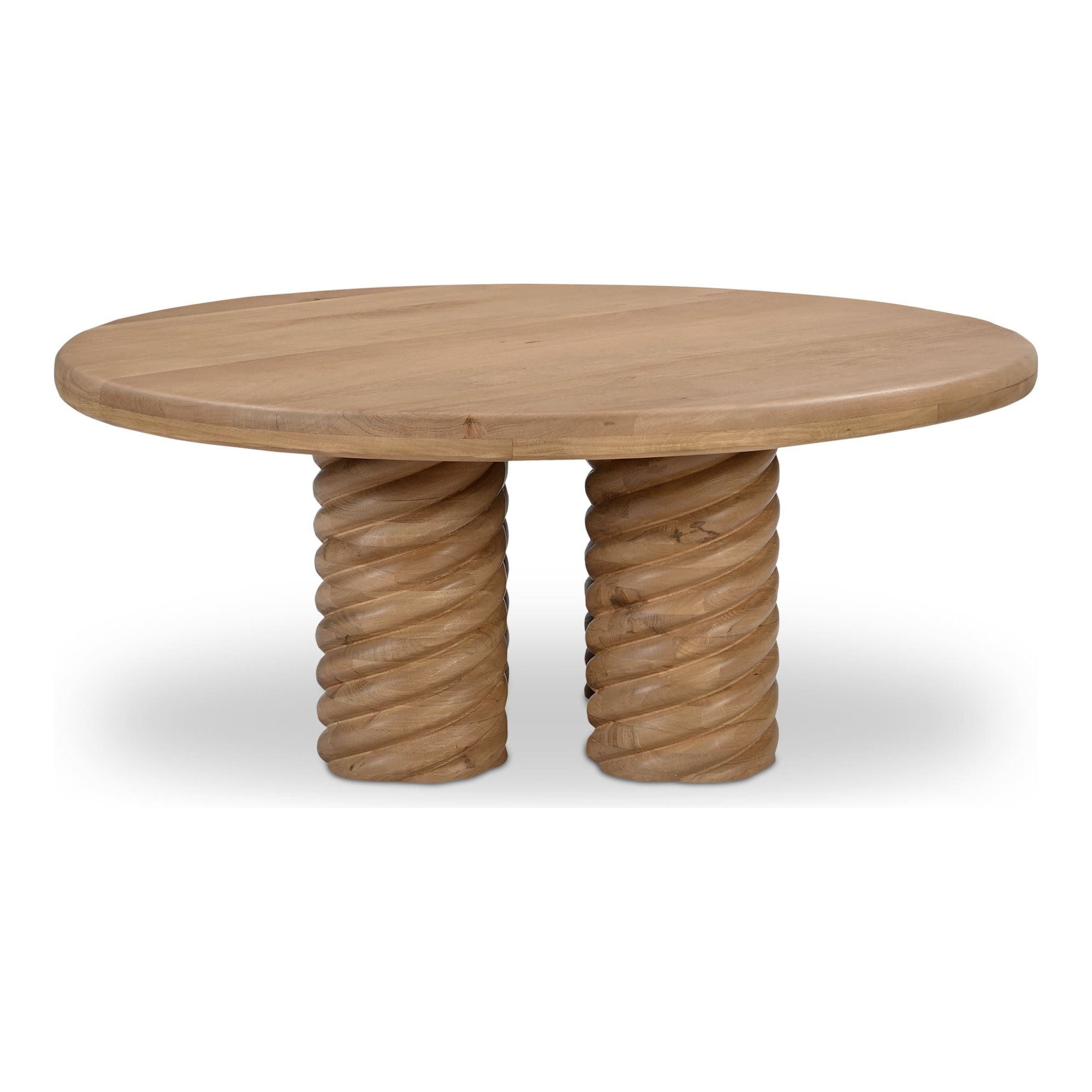 Table basse contemporaine en chêne massif avec plateau rond et pied central torsadé pour salon