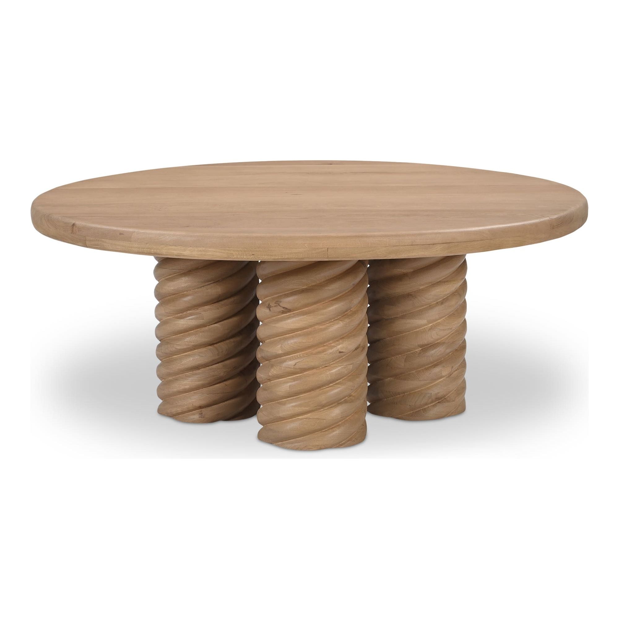 Table basse contemporaine en chêne massif avec plateau rond et pied central torsadé pour salon