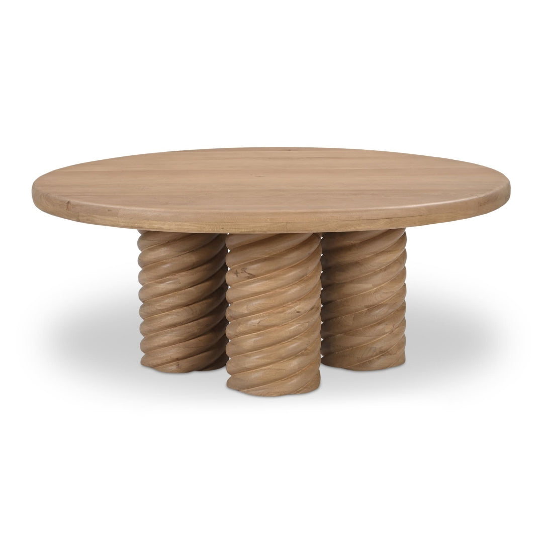 Table basse contemporaine en chêne massif avec plateau rond et pied central torsadé pour salon
