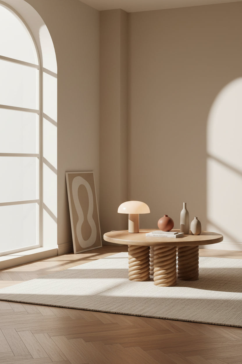 Table basse contemporaine en chêne massif avec plateau rond et pied central torsadé pour salon