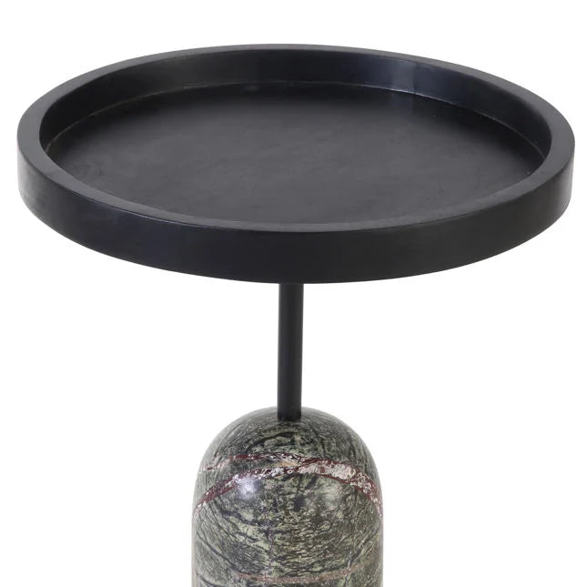 Table d'appoint contemporaine en bois et marbre vert avec plateau rond et base contrastée pour salon