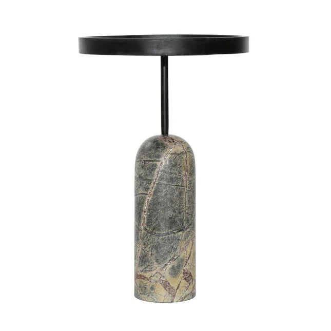 Table d'appoint contemporaine en bois et marbre vert avec plateau rond et base contrastée pour salon