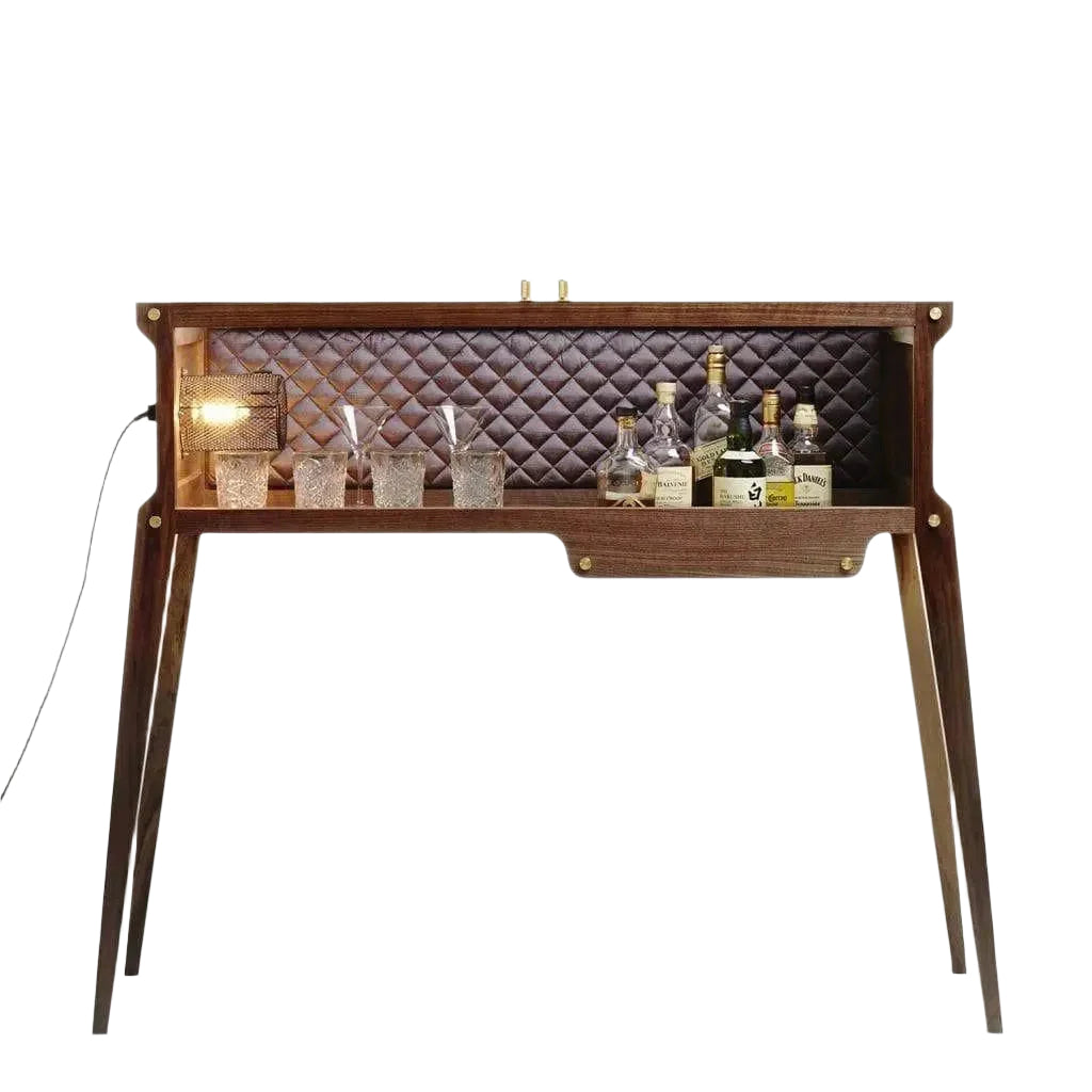 Meuble Bar Artisan en Noyer Massif et Laiton avec Ferrure Moletée et Panneau en Soie Capitonnée pour Salon