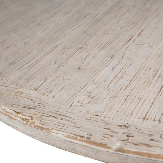 Table à manger rustique en pin recyclé avec plateau rond et finition lavée chaude pour salle à manger