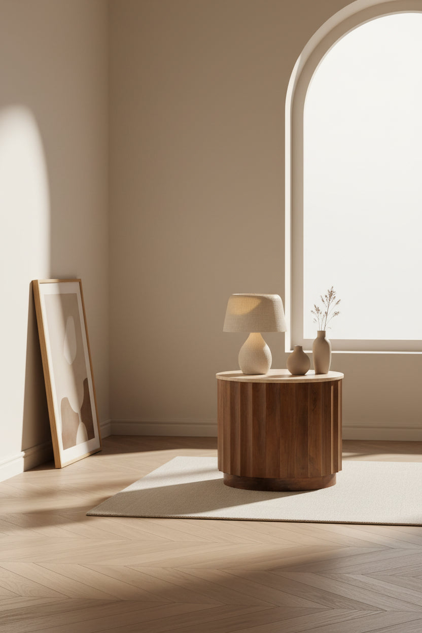 Table d'appoint en travertin organique et bois, avec plateau rond et finition en pierre naturelle pour salon