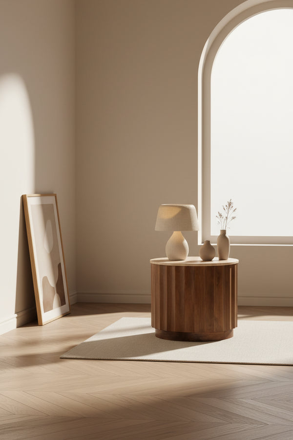 Table d'appoint en travertin organique et bois, avec plateau rond et finition en pierre naturelle pour salon