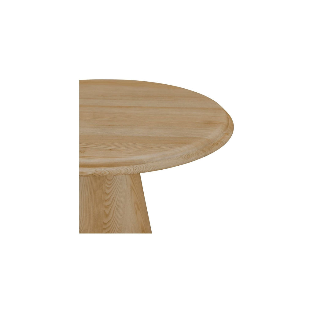 Table basse en frêne massif de style Mid-Century Modern avec plateau rond à double bord biseauté et piètement tulipe pour salon