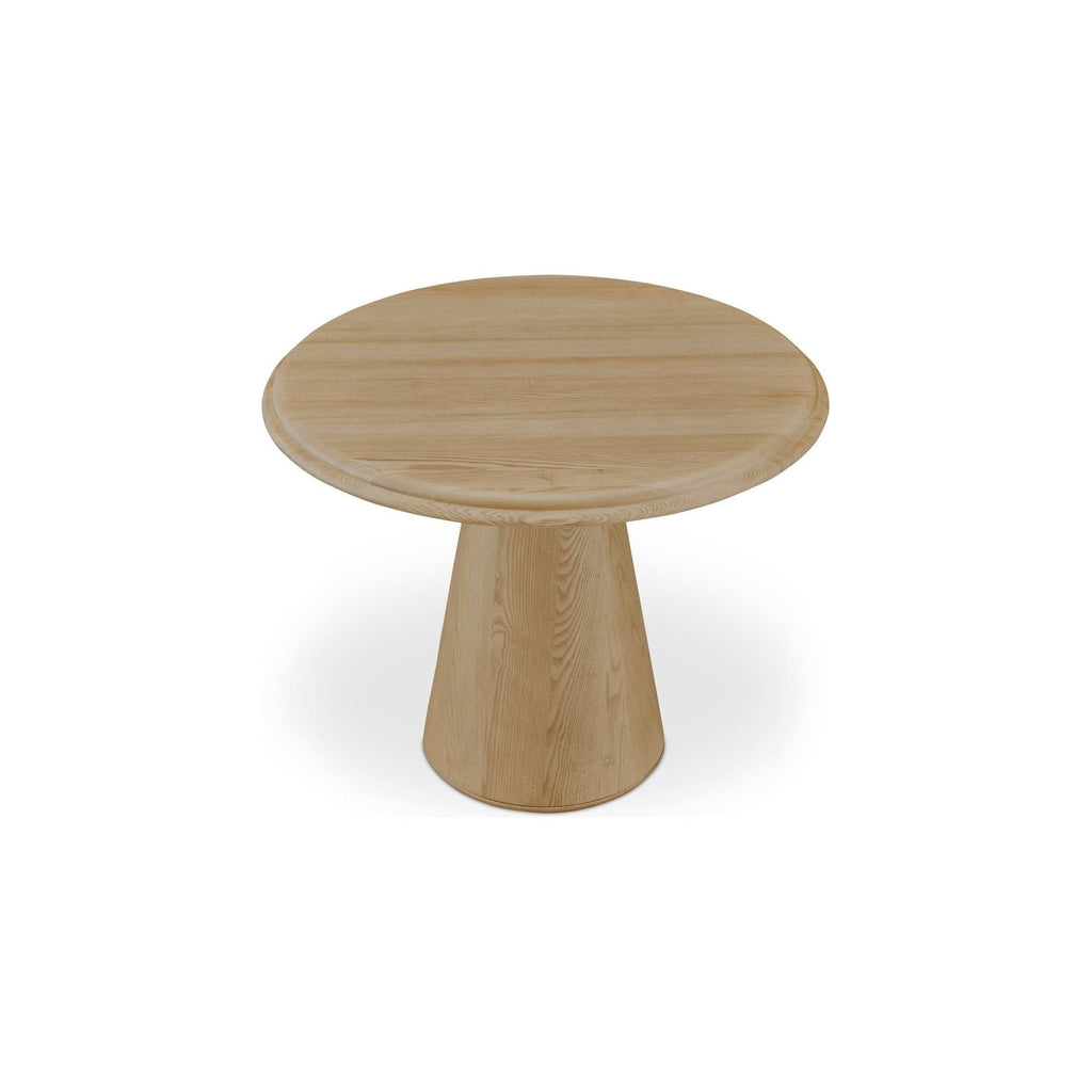 Table basse en frêne massif de style Mid-Century Modern avec plateau rond à double bord biseauté et piètement tulipe pour salon
