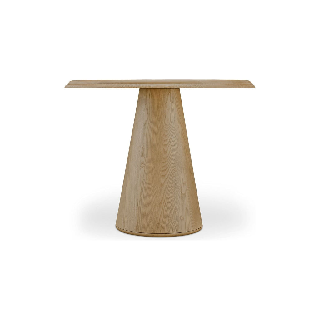 Table basse en frêne massif de style Mid-Century Modern avec plateau rond à double bord biseauté et piètement tulipe pour salon