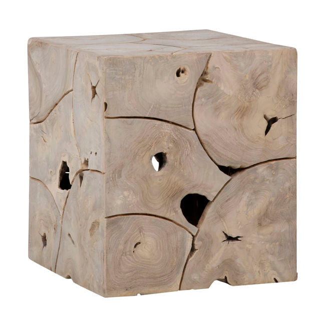 Table d'appoint en teck recyclé artisanal avec plateau carré en morceaux de puzzle et finition naturelle pour le salon